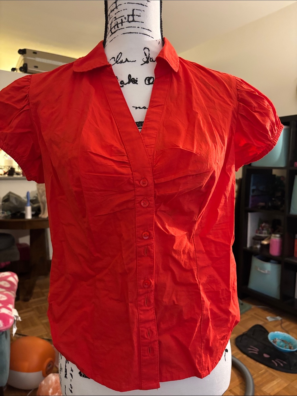 Anthropologie Red Short-Sleeve Button-Down Shirt